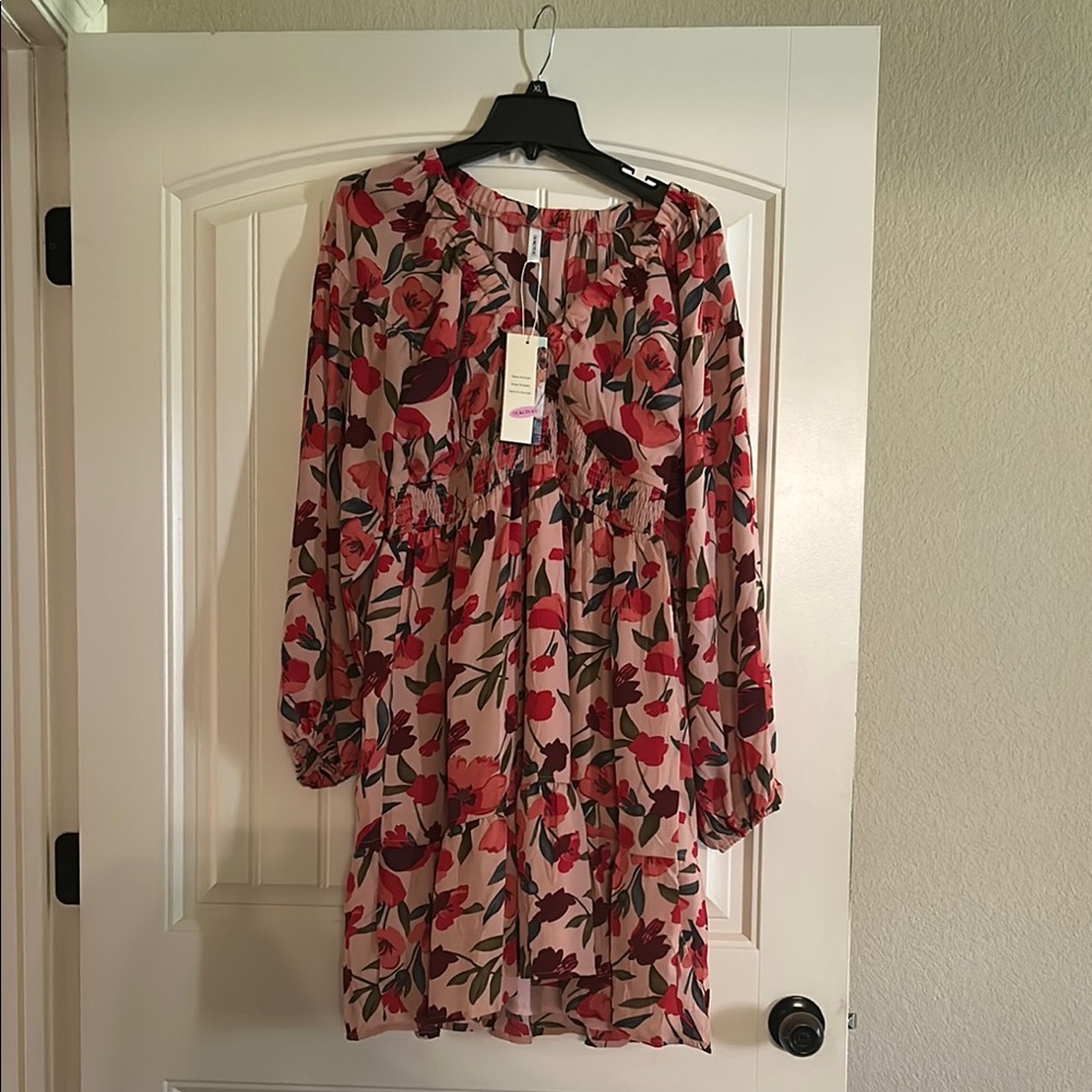 Floral Pink and Red Long Sleeve Sundress with Bishop Sleeves